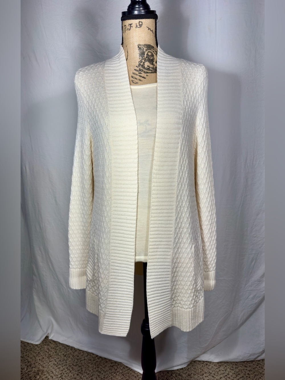 Cream Open-Front Knit Cardigan Sweater